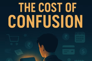 Illustration of a man standing at a cluttered table with scattered receipts, coins, and financial icons floating around, holding a glowing notebook labeled ‘Clarity’ under the title ‘The Cost of Confusion,’ symbolizing how unclear money habits create chaos and the need for financial clarity.